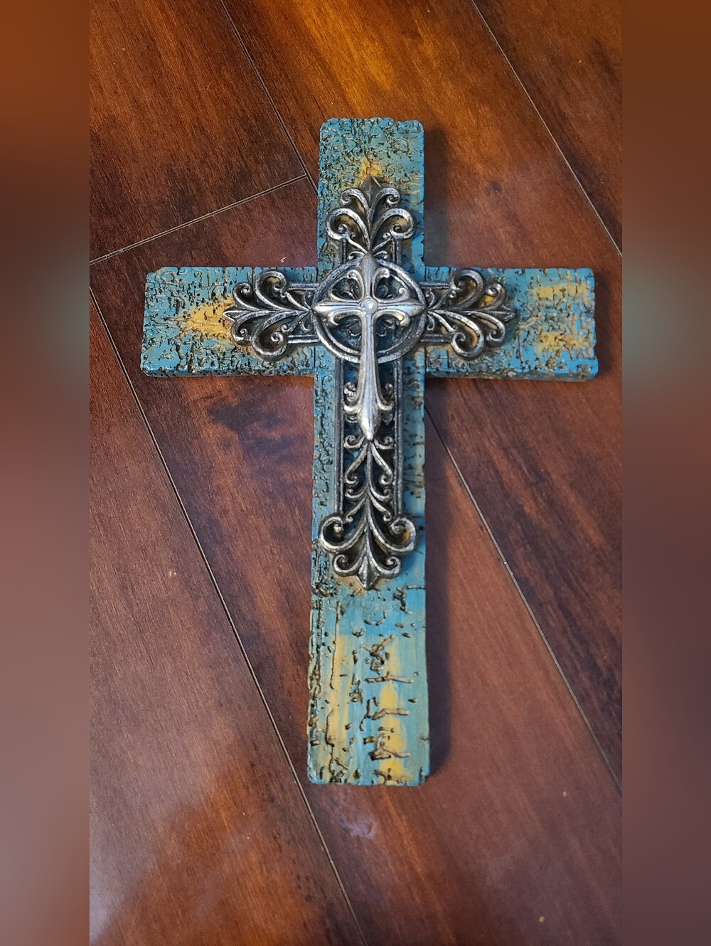 Decorative Turquoise Wall Cross with Ornate Silver Accent